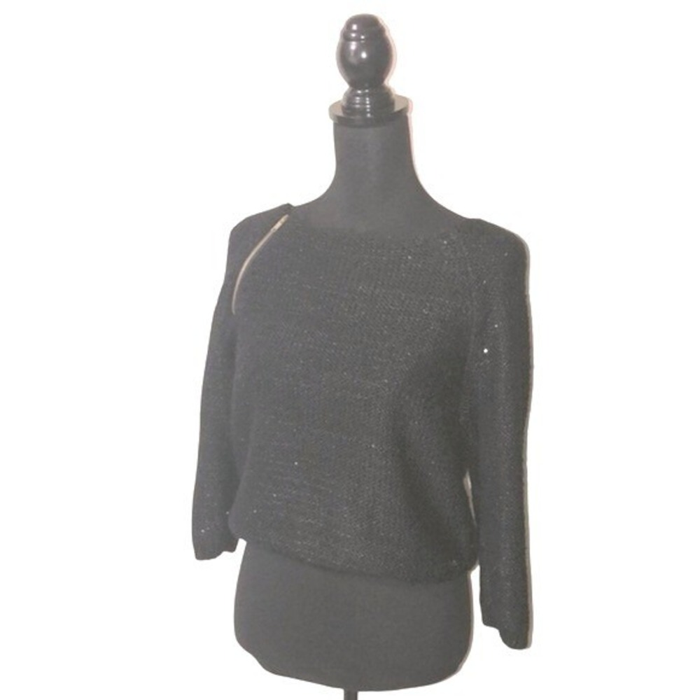 Poof Couture Sequin Knit Shoulder Zip Pullover Black‎ Womens Large